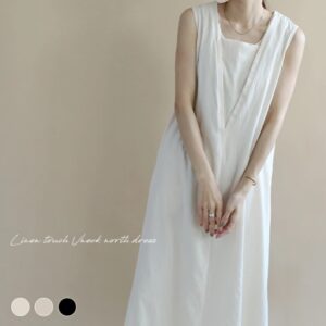 女士無袖 V 領亞麻連身裙